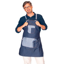 Delantal Peto Tejano azul bolsillo central para barbería barber line